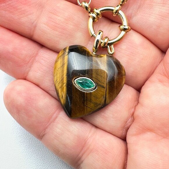 Tiger Eye Green Aperture Heart Evil Eye Pendant Necklace 18K Gold Plated 19 Inch - Picture 6 of 7